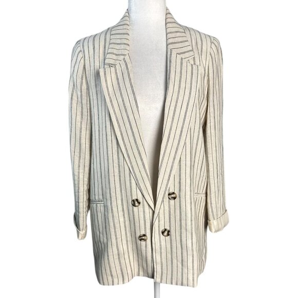 Jules & Leopold Striped Linen Blend Blazer Beige NavyStripe Open Front Womens LG - Picture 2 of 8